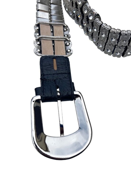 Vintage Black Leather Rhinestone Belt With Silver Buckle & Crystal Embellishment main image 8